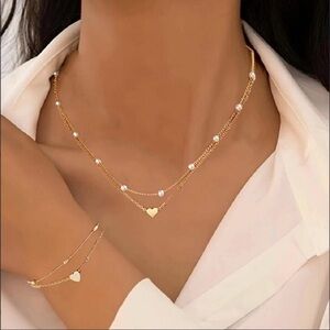 Elegant Gold Heart Necklace and Bracelet Set